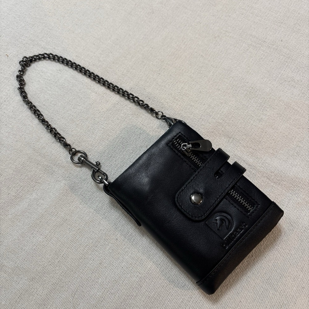 Bill Heart Mens Wallet with Chain Genuine Leather  RFID Blocking Bifold Black